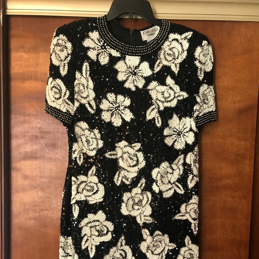 Beaded Sequined Black Floral Cocktail Dress